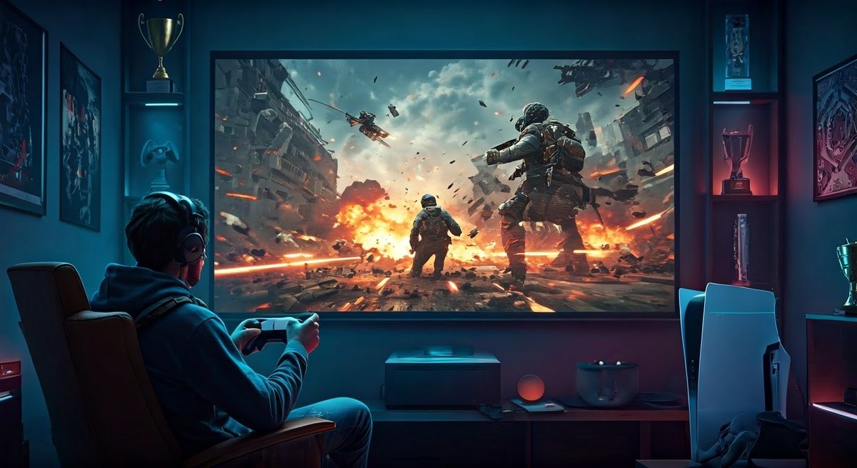 A vibrant scene of a gamer intensely playing Call of Duty: Black Ops 6 on a PlayStation 5. The gamer is seated on a armchair in a dimly lit room with colorful RGB lighting. A large projector screen intense gameplay action from the game, with dynamic