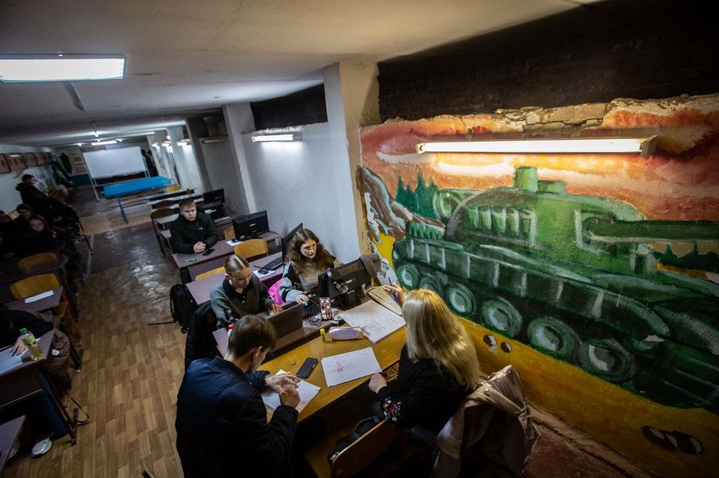 A basement serves as a school for teenagers in Sumy, on November 19, 2025.  (Photo by Francisco Richart Barbeira/NurPhoto) (Photo by Francisco Richart Barbeira / NurPhoto via AFP)