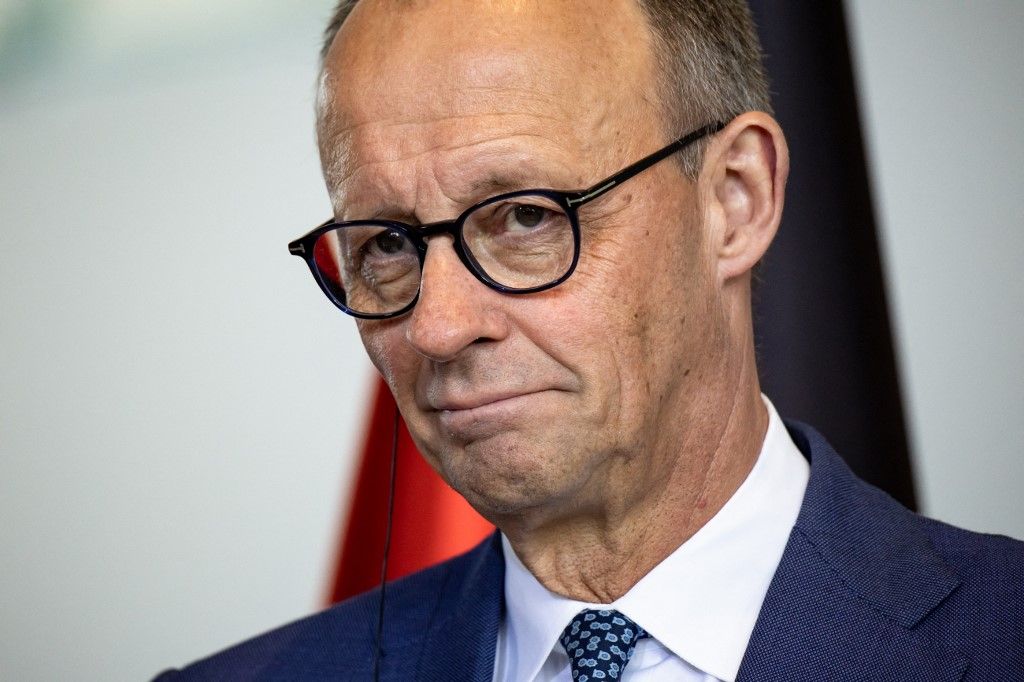 German Chancellor Friedrich Merz is pictured during a press conference held with Ukrainian President Volodymyr Zelensky (not in the picture) at the Chancellery in Berlin on April 14, 2026. (Photo by Emmanuele Contini/NurPhoto) (Photo by Emmanuele Contini / NurPhoto via AFP)