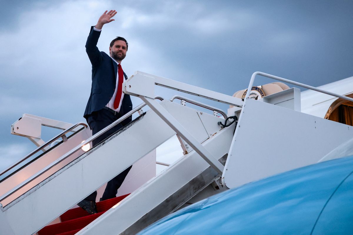 JOINT BASE ANDREWS, MARYLAND - APRIL 6: U.S. Vice President JD Vance boards Air Force Two bound for Budapest, Hungary on April 6, 2026 at Joint Base Andrews, Maryland. Vance is to hold bilateral meetings with Hungarian Prime Minister Viktor Orban from April 7-8, days ahead of Hungary's April 12 election, said to be Orban's toughest as the country's longest-serving leader. Jonathan Ernst-Pool/Getty Images/AFP (Photo by POOL / GETTY IMAGES NORTH AMERICA / Getty Images via AFP)