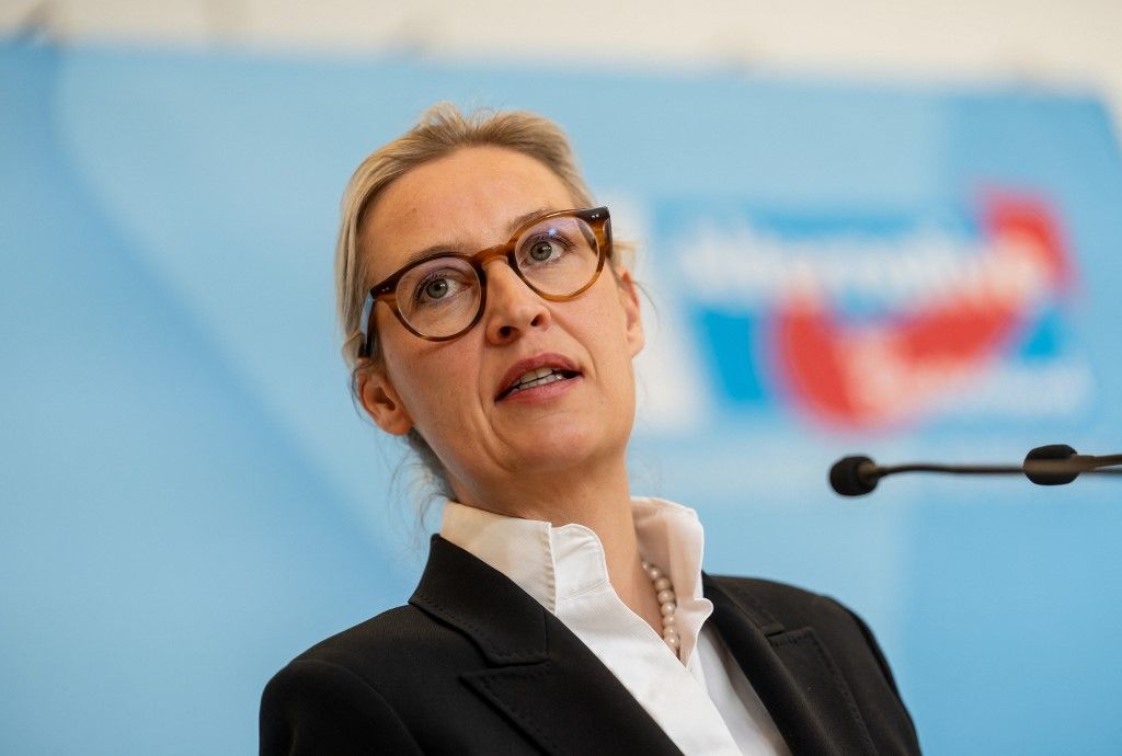 24 March 2026, Berlin: Alice Weidel, Federal Chairwoman and parliamentary group leader of the AfD, speaks at the press statement before the parliamentary group meeting. Photo: Michael Kappeler/dpa (Photo by MICHAEL KAPPELER / dpa Picture-Alliance via AFP)