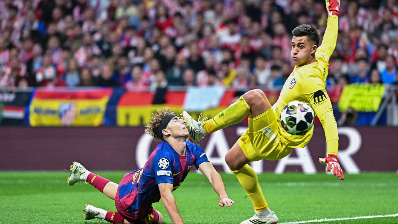 FC Barcelona
's Spanish midfielder #16 Fermin Lopez (L) gets a boot in his face from Atletico Madrid's Argentine goalkeeper #01 Juan Musso during the UEFA Champions League quarter final second leg football match between Club Atletico de Madrid and FC Barc