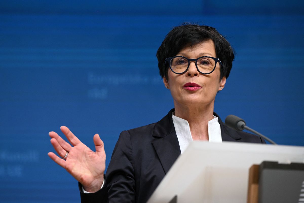 EU Commissioner for Enlargement Marta Kos gestures during a press conference ahead of a General Affairs Council at the European Council in Brussels on March 17, 2026. (Photo by Nicolas TUCAT / AFP)