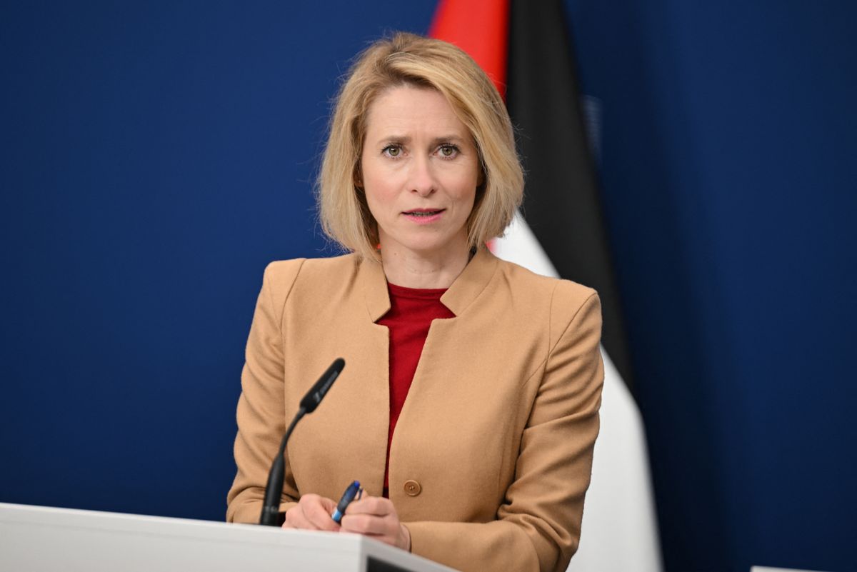 BRUSSELS, BELGIUM - APRIL 20: EU High Representative for Foreign Affairs and Security Policy Kaja Kallas, Palestinian Prime Minister Mohammad Mustafa (not seen) and Norwegian Foreign Minister Espen Barth Eide (not seen) hold a joint press conference in Brussels, Belgium, on April 20, 2026. The three leaders addressed the media following the 9th Global Alliance for the Two-State Solution Meeting and the Ad Hoc Liaison Committee (AHLC) Meeting, focusing on international aid for Palestinians and the revitalization of the peace process. Dursun Aydemir / Anadolu (Photo by Dursun Aydemir / Anadolu via AFP)