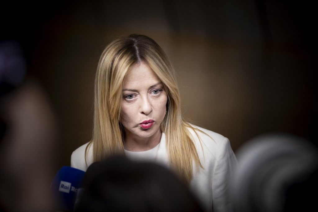 Prime Minister of Italy Giorgia Meloni holds a doorstep media briefing - press conference after the end of the European Council Summit, the EU leaders and head of states meeting. The main topics of the agenda were the military escalation in the Middle East and Gulf Region, situation in Iran, energy prices and security, EU's strategic competitiveness, Ukraine, multinational financial framework, security, defence, migration and other topics. Brussels, Belgium on March 19, 2026 (Photo by Nicolas Economou/NurPhoto) (Photo by Nicolas Economou / NurPhoto via AFP)