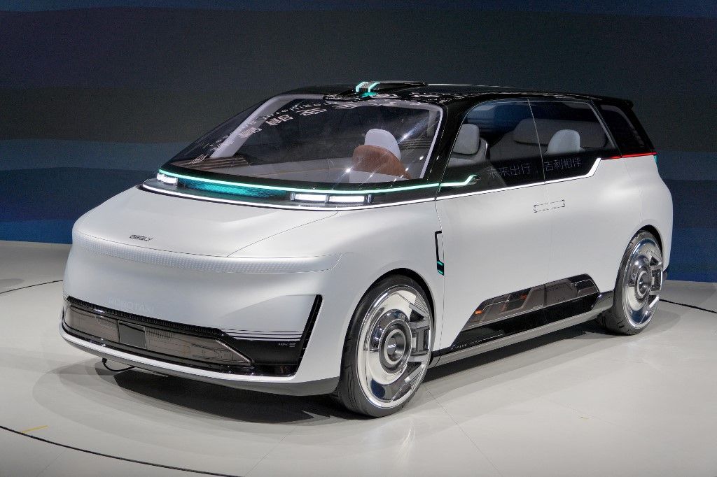 Robotaxi prototype Eva Cab showcased at Geely Auto booth at 2026 Beijing International Automotive Exhibition in Beijing, China on April 24, 2026. (Photo by TK / CFOTO via AFP)