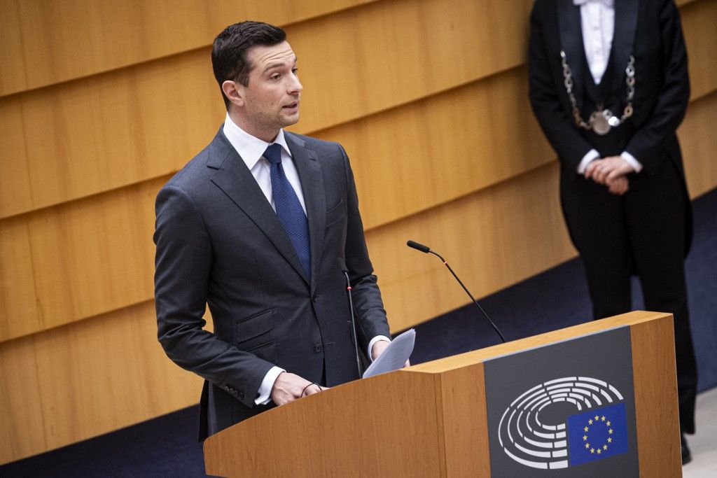 Jordan Bardella speaks during a plenary session at the European Parliament in Brussels, Belgium on March 25, 2026. Jordan Bardella is a French politician President of the far right, right wing populist and nationalist RN National Rally political party ( Rassemblement national ) in France, and chairman of the group in the EP Patriots for Europe ( PfE ), with right-wing to far-right sovereigntist ideology.  (Photo by Nicolas Economou/NurPhoto) (Photo by Nicolas Economou / NurPhoto via AFP)