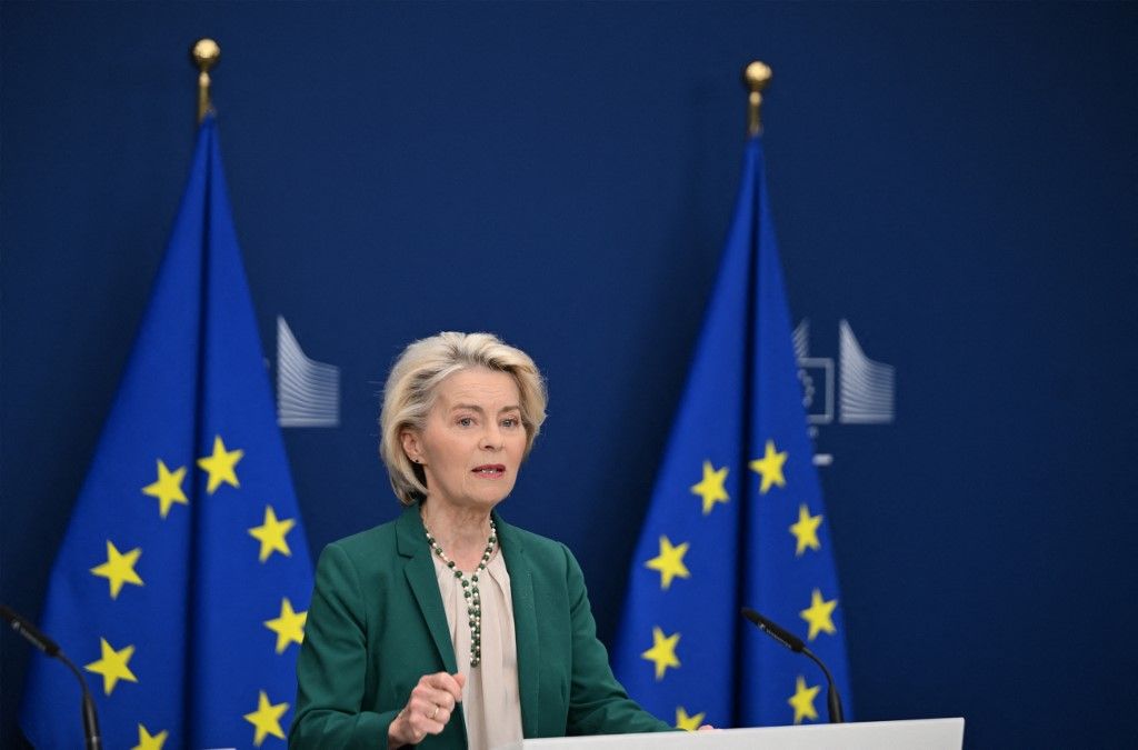 BRUSSELS, BELGIUM - APRIL 15: European Commission President Ursula von der Leyen (pictured) holds a press conference on the EU’s digital age verification application alongside Vice President Henna Virkkunen in Brussels, Belgium, on April 15, 2026. Dursun Aydemir / Anadolu (Photo by Dursun Aydemir / Anadolu via AFP)