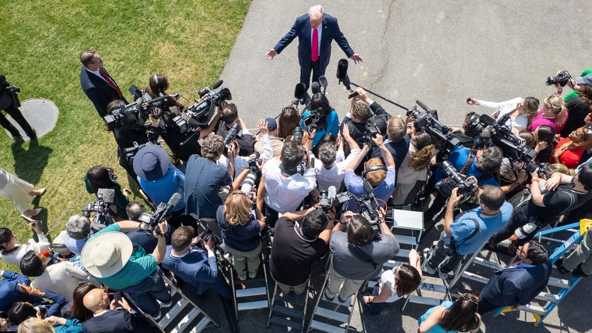 President Trump takes questions from the White House Press Corps as he boards his helicopter in Washington, DC, on April 16, 2026. (Photo by Andrew Leyden/NurPhoto) (Photo by Andrew Leyden / NurPhoto via AFP)
