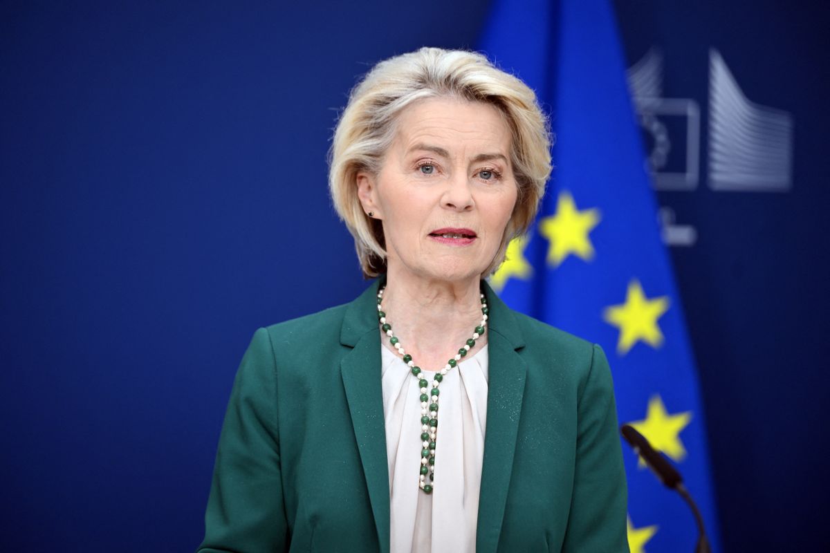 BRUSSELS, BELGIUM - APRIL 15: European Commission President Ursula von der Leyen (pictured) holds a press conference on the EU’s digital age verification application alongside Vice President Henna Virkkunen in Brussels, Belgium, on April 15, 2026. Dursun Aydemir / Anadolu (Photo by Dursun Aydemir / Anadolu via AFP)