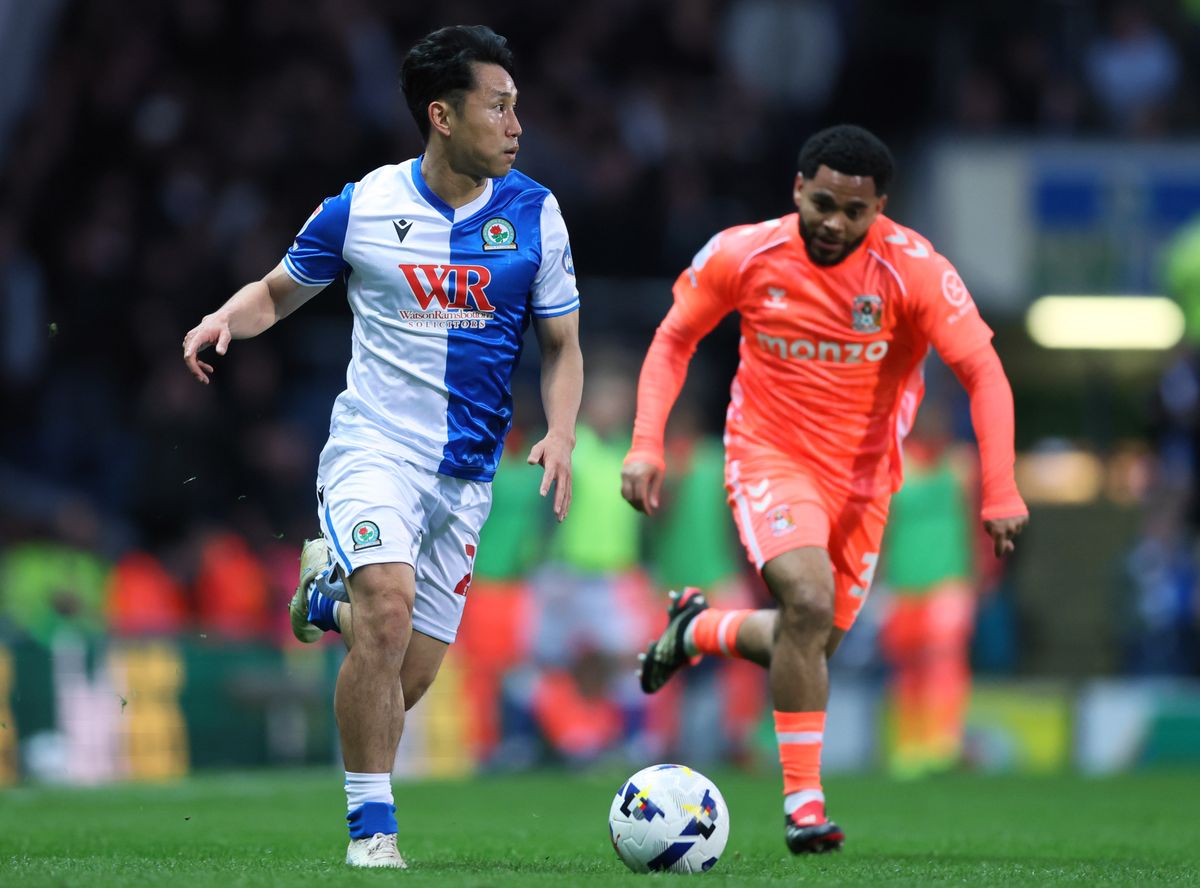 Blackburn Rovers' Ryoya Morishita (left) and Coventry City's Jay Dasilva battle for the ball during the Sky Bet Championship match at Ewood Park, Blackburn. Picture date: Friday April 17, 2026. (Photo by Richard Sellers/PA Images via Getty Images)