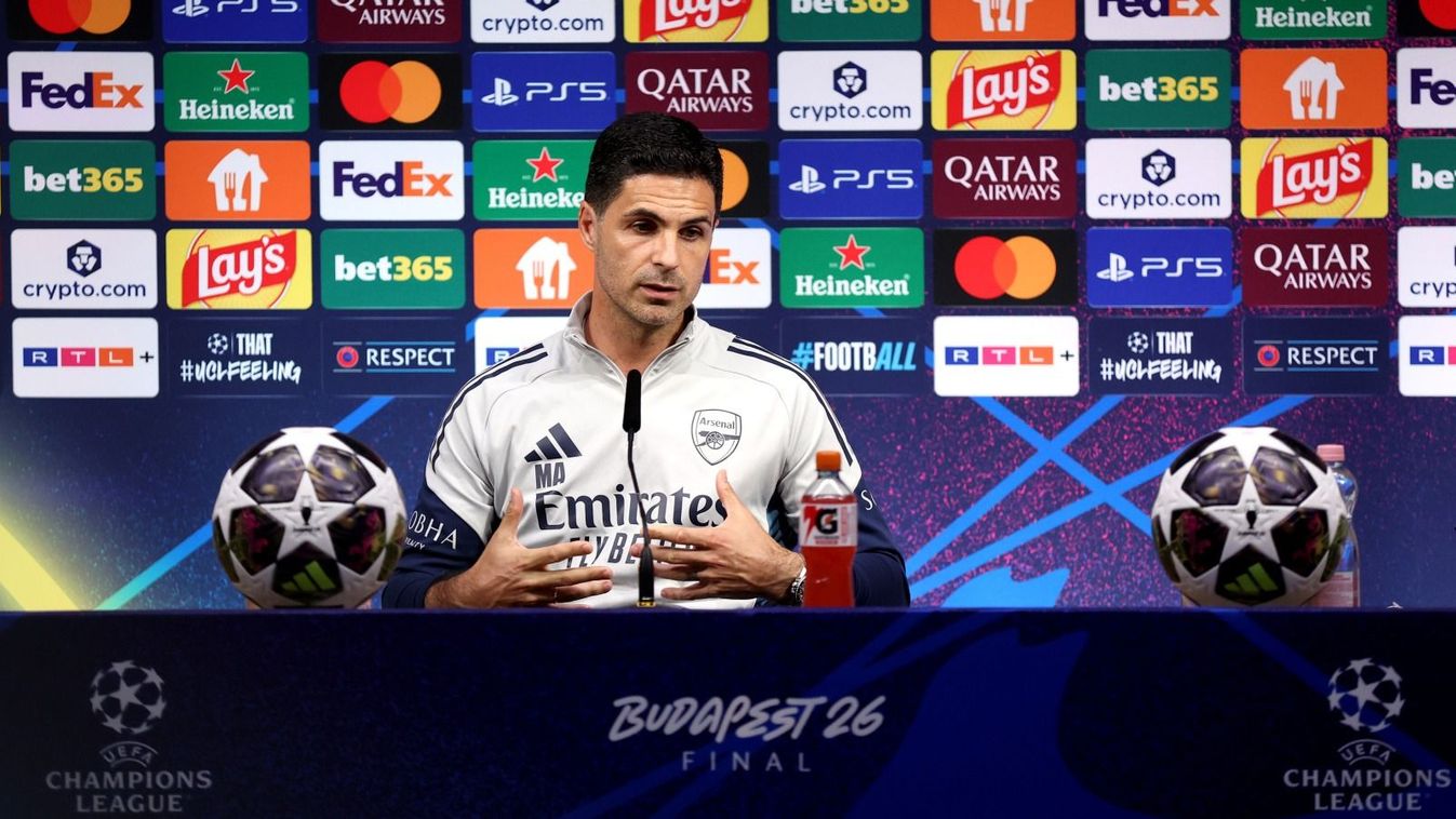 Mikel Arteta
BUDAPEST, HUNGARY - MAY 29: Mikel Arteta, Manager of Arsenal, during the press conference one day ahead of the UEFA Champions League 2026 Final at Puskas Arena on May 29, 2026 in Budapest, Hungary. (Photo by George Wood - UEFA/UEFA via Getty 