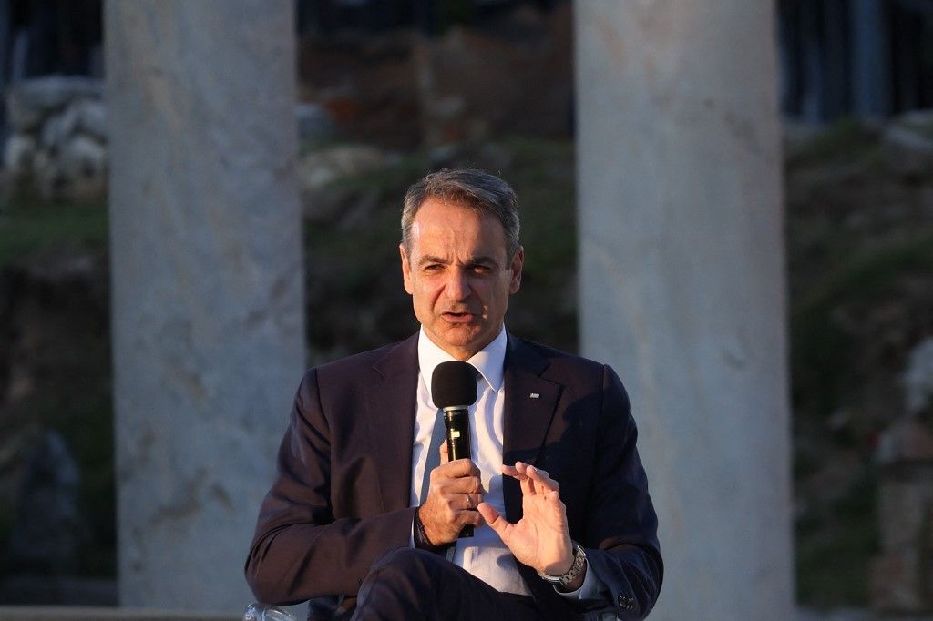 ATHENS, GREECE - APRIL 24: Greek Prime Minister Kyriakos Mitsotakis attends an event moderated by Kathimerini newspaper at the Roman Agora in Athens, Greece, on April 24, 2026. Costas Baltas / Anadolu (Photo by COSTAS BALTAS / Anadolu via AFP)