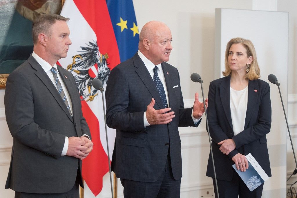 Doorsteps with Vice-Chancellor Andreas Babler (SPÖ), Federal Chancellor Christian Stocker (ÖVP) and Foreign Minister Beate Meinl-Reisinger (NEOS) (from left to right) on Wednesday, 4 March 2026, after a meeting of the Federal Crisis Security Cabinet as part of the Council of Ministers at the Federal Chancellery in Vienna, Austria. - 20260304_PD9065 (Photo by Helmut Graf / APA-PictureDesk / APA-Images via AFP)