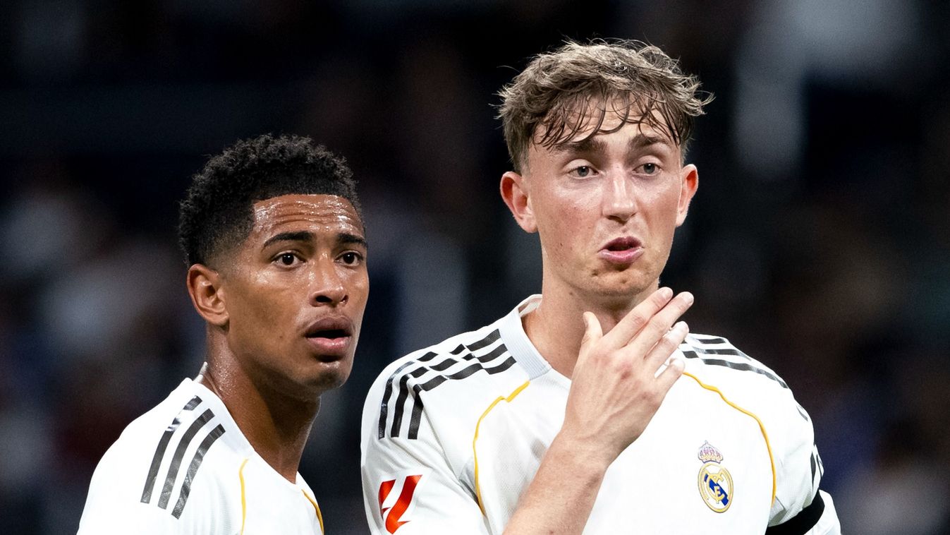 Real Madrid
Jude Bellingham of Real Madrid and Dean Huijsen of Real Madrid talk during the La Liga 2025/26 match between Real Madrid and Alaves at Santiago Bernabeu Stadium in Madrid, Spain, on April 21, 2026. (Photo by Guillermo Martinez/NurPhoto) (Photo