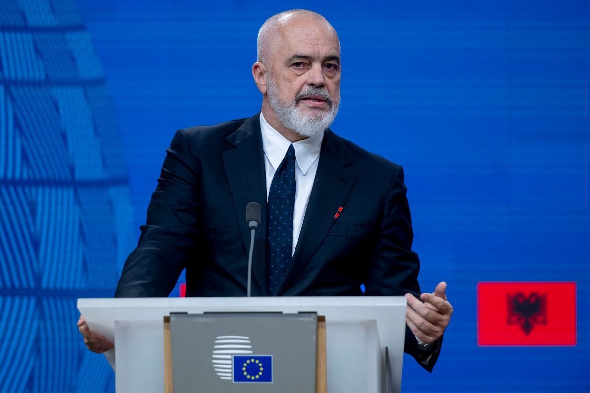 Edi Rama, Prime Minister of Albania, speaks during a press conference following the EU-Albania Intergovernmental Conference in Brussels, Belgium, on May 26, 2026. (Photo by Daniel Gnap/NurPhoto) (Photo by Daniel Gnap / NurPhoto via AFP)