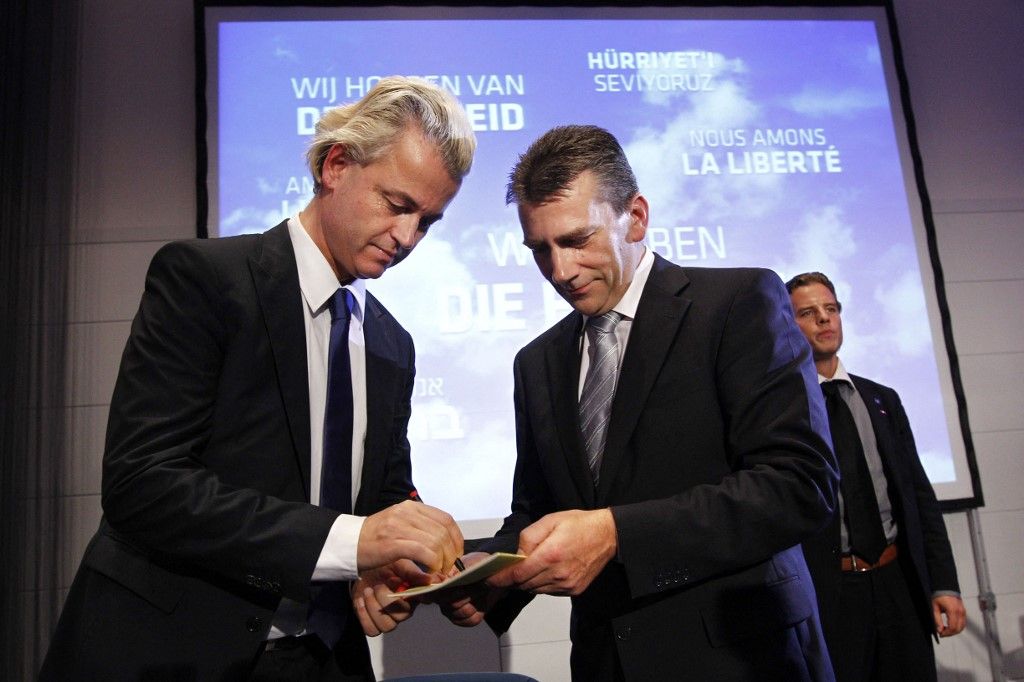 2010-10-02 BERLIN - PVV-leader Geert Wilders speeches on Saturday in Hotel Berlin in Berlin , Germany, about the danger of the islam as totalitairian ideology. Geert Wilders is on invitation of his German ideology confederate Rene Stadtkewitz, who is recently thrown out of the CDU because he sympathises with Wilders. ANP VINCENT JANNINK (Photo by VINCENT JANNINK / ANP via AFP)