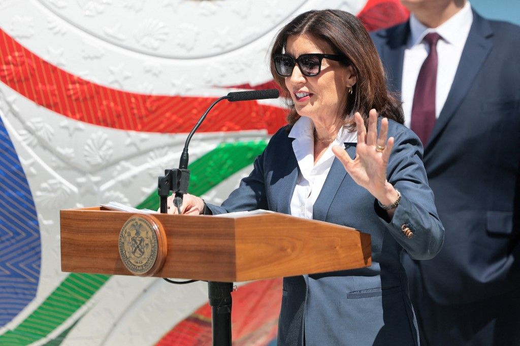 NEW YORK, NEW YORK - APRIL 27: Gov. Kathy Hochul speaks during a press conference at Staten Island University Hospital Community Park on April 27, 2026 in New York City. Mayor Zohran Mamdani was joined by Gov. Hochul, government officials and members of the New York New Jersey FIFA World Cup 2026 Host Committee as they announced NYC will be hosting five free World Cup viewing parties in various parts of NYC.   Michael M. Santiago/Getty Images/AFP (Photo by Michael M. Santiago / GETTY IMAGES NORTH AMERICA / Getty Images via AFP)