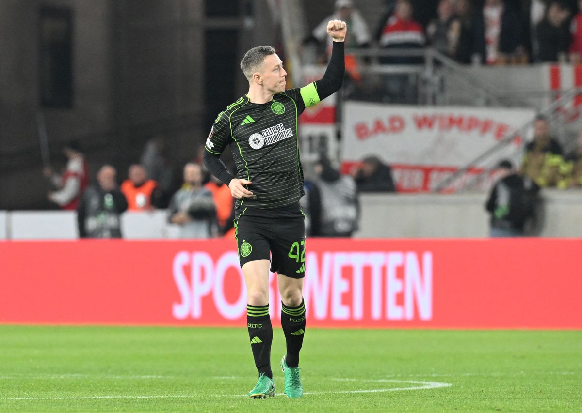 Celtic's Scottish midfielder #42 Callum McGregor celebrates the 0-1 during the UEFA Europa League knockout round playoff second leg football match VfB Stuttgart v Celtic in Stuttgart, southern Germany, on February 26, 2026. (Photo by THOMAS KIENZLE / AFP)