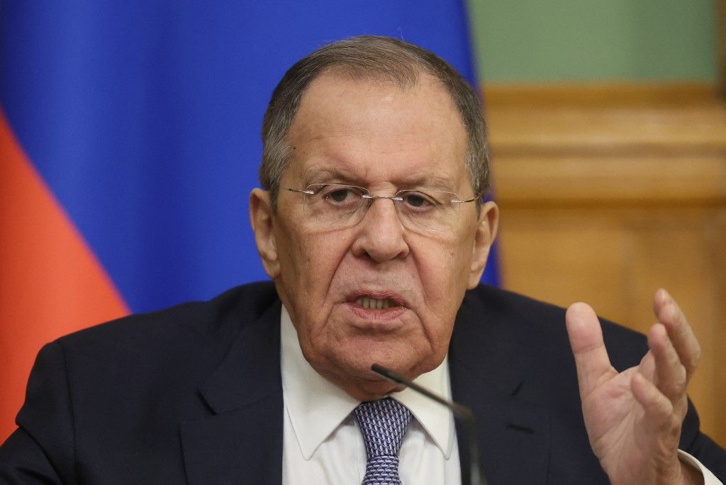 Russian Foreign Minister Sergei Lavrov attends a joint press conference with Libya's acting Foreign Minister following their meeting at Zinaida Morozova's Mansion in Moscow on April 21, 2026. (Photo by MAXIM SHIPENKOV / POOL / AFP)