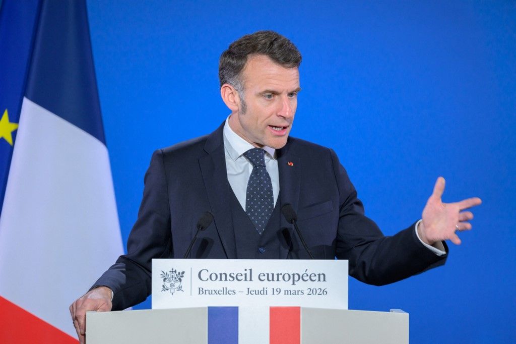 France's President Emmanuel Macron speaks during a press conference at the end of the European Council meeting in Brussels, Belgium, on March 20, 2026. EU leaders discuss the impact of the Iran conflict on energy prices and security, alongside divisions over support for Ukraine prior to the European summit meeting in Brussels. (Photo by Jonathan Raa/NurPhoto) (Photo by Jonathan Raa / NurPhoto via AFP)