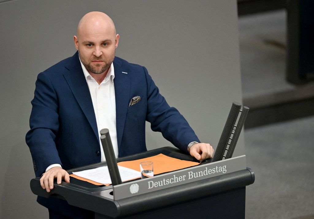 16 April 2026, Berlin: Markus Frohnmaier (AfD) speaks in the plenary chamber of the Bundestag. Photo: Markus Lenhardt/dpa (Photo by Markus Lenhardt / dpa Picture-Alliance via AFP)