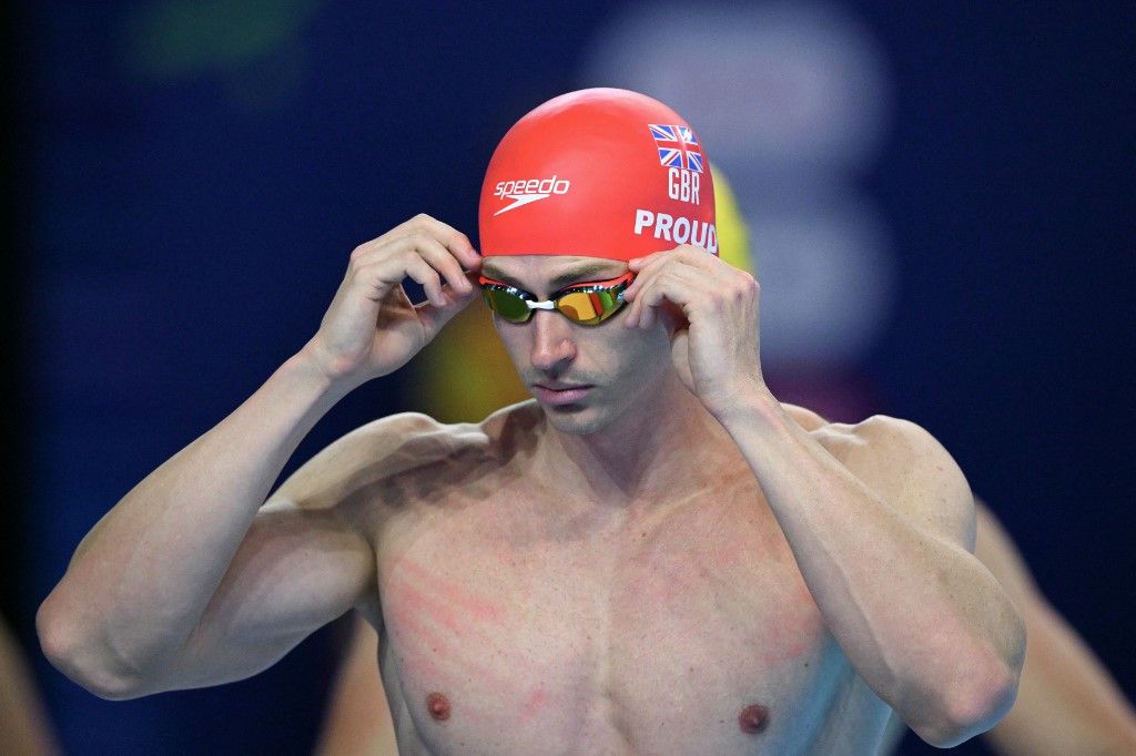 Britain's swimmer Benjamin Proud prepares to compete in a semi-final of the men's 50m freestyle swimming event during the 2025 World Aquatics Championships in Singapore on August 1, 2025. (Photo by François-Xavier MARIT / AFP)