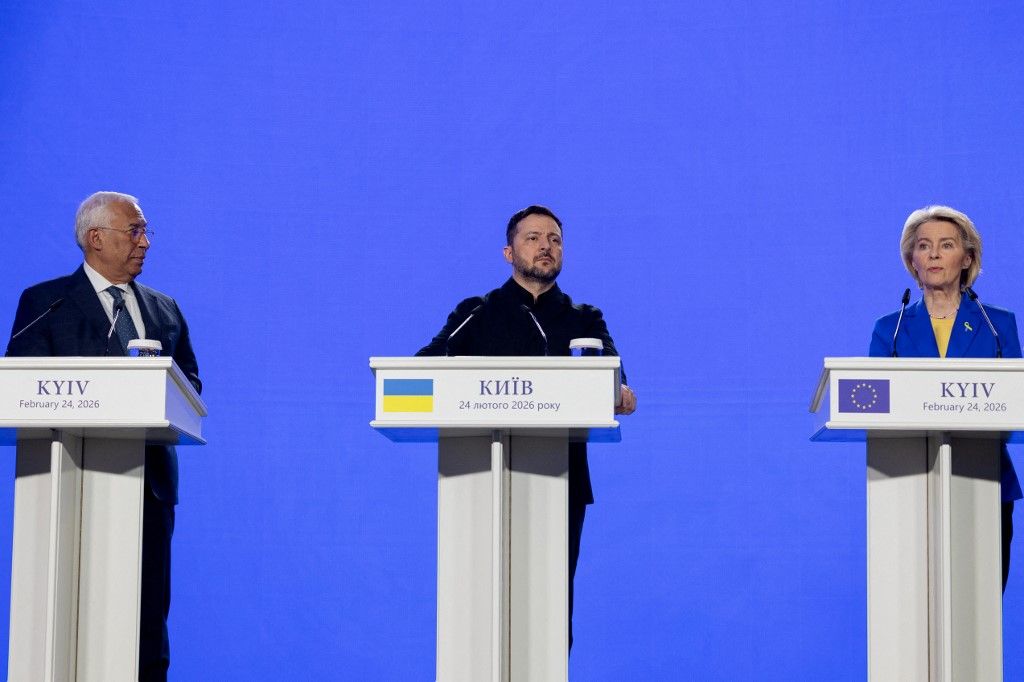 European Council President Antonio Costa (L), Ukraine's President Volodymyr Zelensky (C) and the President of the European Commission Ursula von der Leyen (R) attend a press conference in Kyiv on February 24, 2026, as Ukraine marks the fourth anniversary of Russia's invasion. EU chief said on February 24, 2026 the bloc would make good on a 90-billion-euro ($106-billion) loan for Ukraine despite the Kremlin-friendly leader of Hungary, Viktor Orban, blocking the measure. (Photo by Tetiana DZHAFAROVA / AFP)