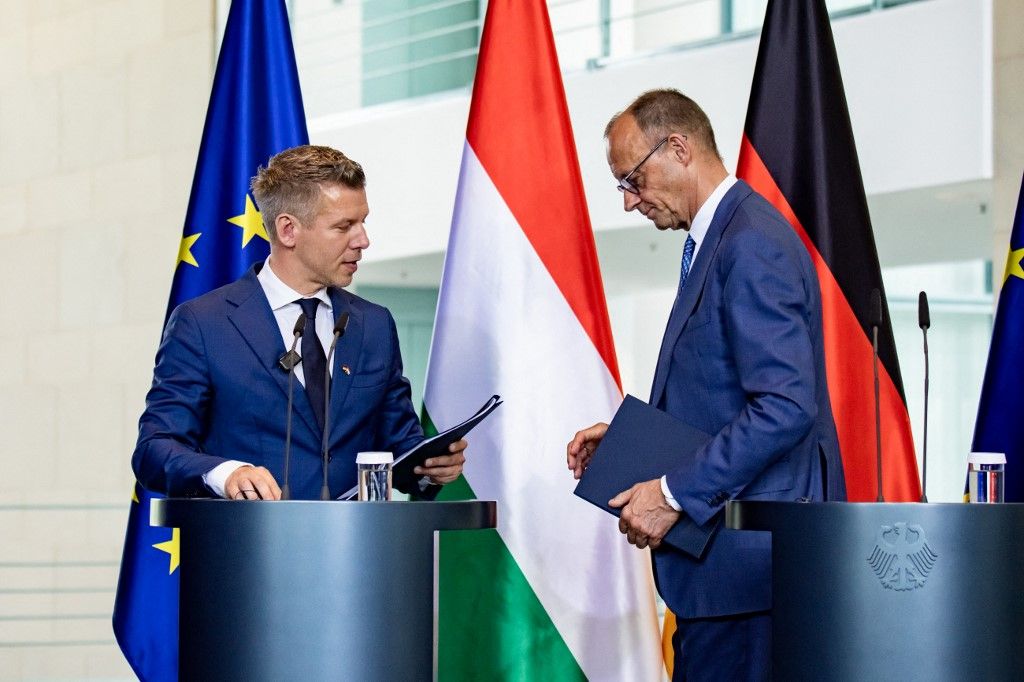 German Chancellor Friedrich Merz and Prime Minister of Hungary Peter Magyar attend a press conference at the Chancellery in Berlin, Germany, on June 2, 2026. (Photo by Emmanuele Contini/NurPhoto) (Photo by Emmanuele Contini / NurPhoto via AFP)