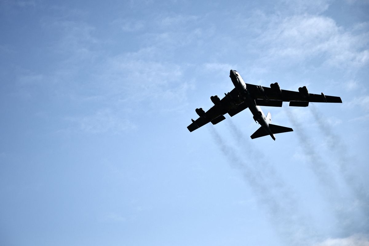 (FILES) A US Air Force B-52 Stratofortress bomber takes off from RAF Fairford in south-west England on March 15, 2026. A US bomber crashed in California on June 15, 2026, the Edwards Air Force base said on social media. "A United States Air Force B-52 Stratofortress crashed shortly after takeoff on the Edwards airfield at 11:20 a.m.," the base wrote on Facebook. "Emergency crews immediately responded to the scene and the situation is ongoing." (Photo by Henry Nicholls / AFP)