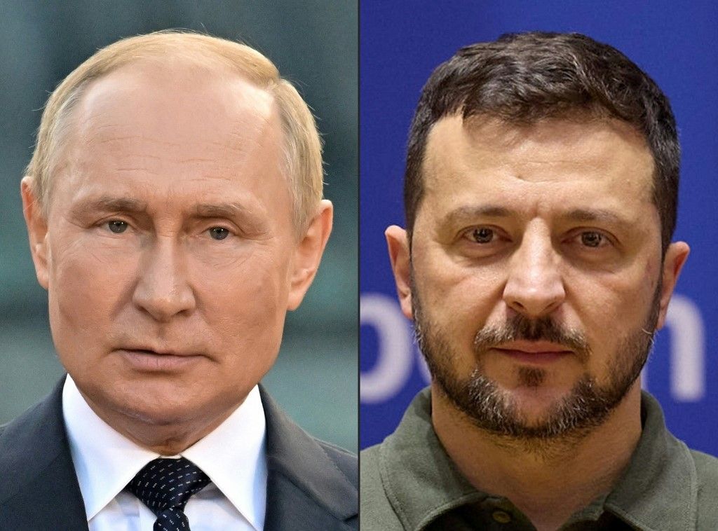 (COMBO) This combination of file photographs created on August 8, 2025, shows Russian President Vladimir Putin (L) giving a speech during an event to mark the 1160th anniversary of Russia's statehood in Veliky Novgorod on September 21, 2022, and a handout photograph taken and released by the Ukrainian Presidential Press Service on June 27, 2024, in which Ukrainian President Volodymyr Zelensky poses with documents during a signature ceremony of Agreement on Security Cooperation and Long-term Support between Ukraine and Estonia during the European Council Summit at the EU headquarters in Brussels. US President Donald Trump said on August 7, 2025, that he would meet with Vladimir Putin for talks on the war in Ukraine, even though the Russian leader had not spoken with Ukrainian President Volodymyr Zelensky. This statement, which contradicts previous reports that a meeting between Putin and Zelensky was a prerequisite for the summit, comes after Trump gave Moscow until August 8, 2025, to reach a ceasefire, or face new sanctions. (Photo by Ilya PITALEV and Handout / various sources / AFP) / RESTRICTED TO EDITORIAL USE - MANDATORY CREDIT "AFP PHOTO /  Ukrainian Presidential Press Service " - NO MARKETING NO ADVERTISING CAMPAIGNS - DISTRIBUTED AS A SERVICE TO CLIENTS
