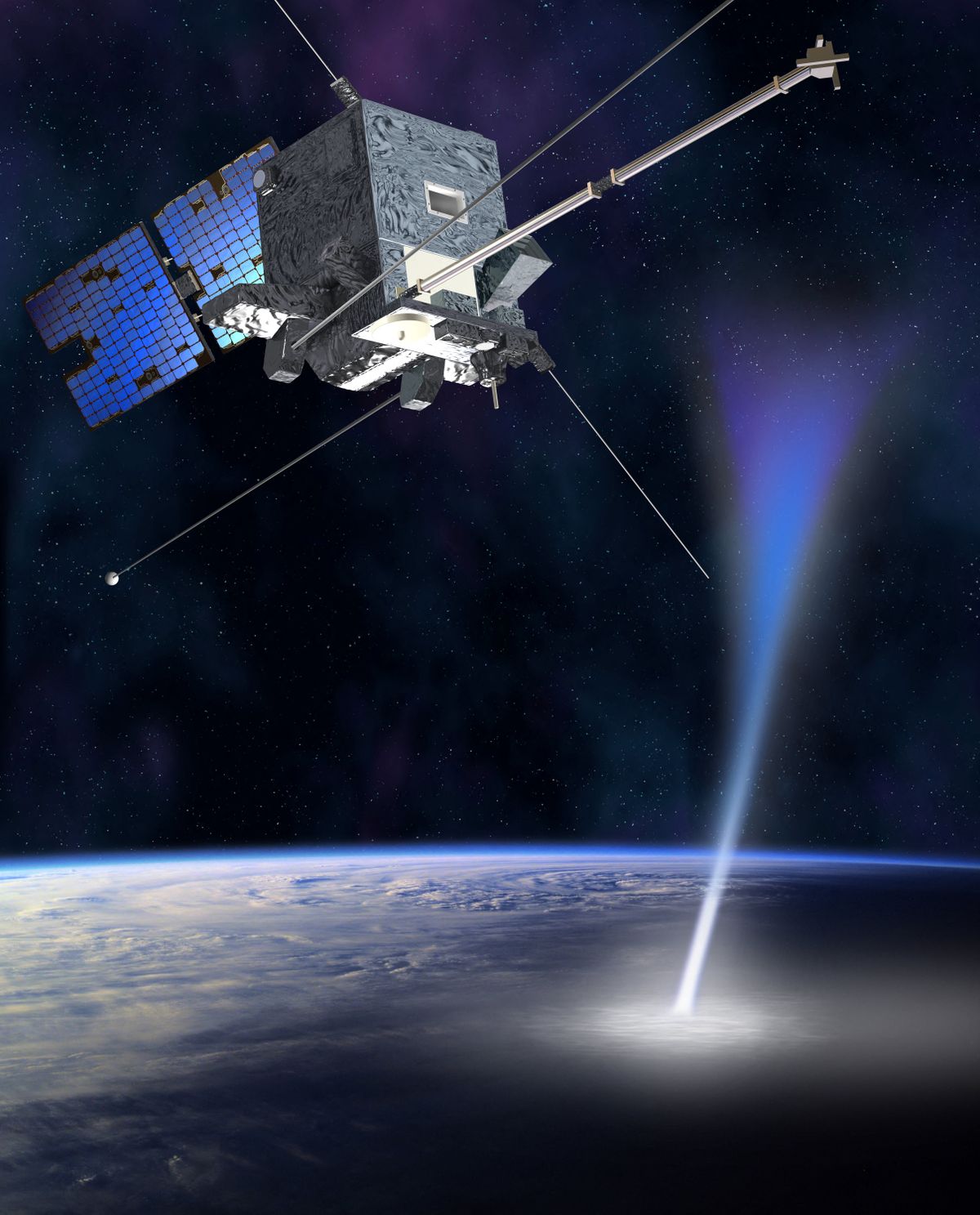 Microsatellite TARANIS et Jet Bleu - Vue d'artiste - Microsatellite TARANIS and Blue jet - Artist view - Vue d'artiste du satellite francais TARANIS observant un jet bleu. TARANIS (pour Tool for the Analysis of RAdiation from lightNIng and Sprites) etudiera particulierement les phenomenes lumineux ephemeres (ou TLE), ces flashs lumineux qui se produisent dans la haute atmosphere. Artist view of the CNES satellite TARANIS (for Tool for the Analysis of RAdiation from lightNIng and Sprites) watching a blue jet. This microsatellite will study the transient luminous events (TLE) which appear in the high atmosphere ©CNES/D.Ducros/Novapix/Leemage (Photo by CNES/D.Ducros / Novapix / Bridgeman Images via AFP)