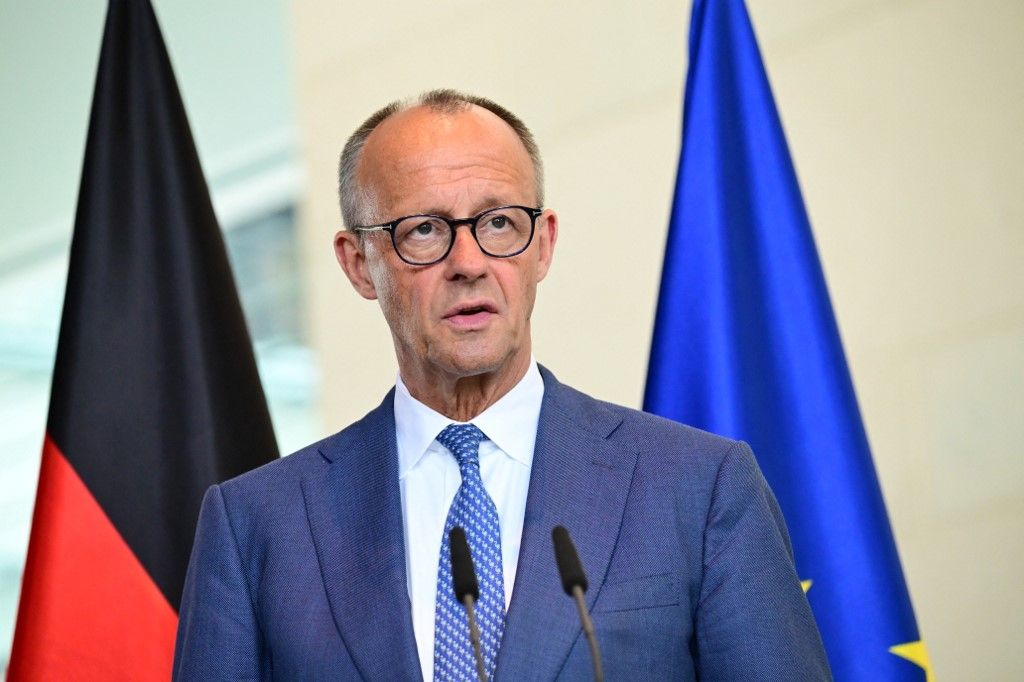 02 June 2026, Berlin: Hungary's Prime Minister and Federal Chancellor Friedrich Merz (CDU) hold a press conference at the Federal Chancellery. Photo: Sebastian Gollnow/dpa (Photo by Sebastian Gollnow / dpa Picture-Alliance via AFP)