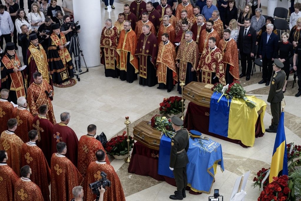 A memorial service for Andriy Melnyk, a leader of the Organization of Ukrainian Nationalists (OUN), and his wife Sofia takes place at the Patriarchal Cathedral of the Resurrection of Christ of the Ukrainian Greek Catholic Church in Kyiv, Ukraine, on May 23, 2026. The ashes of Melnyk and his wife are brought back to Ukraine from Luxembourg. (Photo by Maxym Marusenko/NurPhoto) (Photo by Maxym Marusenko / NurPhoto via AFP)