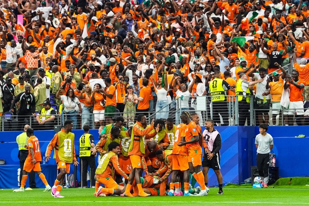 Cote DIvoire celebrates their equalizer during FIFA World Cup 2026, Cote D'Ivoire vs Norway at the Dallas Stadium on June 30, 2026. (Photo by McGuelber / Odyssey Images via AFP)