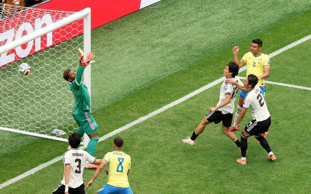 HOUSTON, TEXAS - JUNE 29: Casemiro #5 of Brazil scores his team's first goal during the FIFA World Cup 2026 Round Of 32 match between Brazil and Japan at Houston Stadium on June 29, 2026 in Houston, Texas.   Molly Darlington/Getty Images/AFP (Photo by Molly Darlington / GETTY IMAGES NORTH AMERICA / Getty Images via AFP)