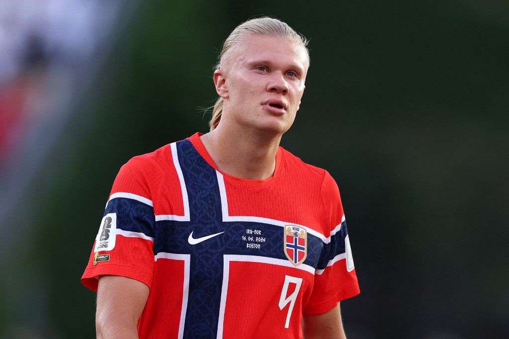 BOSTON, MASSACHUSETTS - JUNE 16: Erling Haaland #9 of Norway during the FIFA World Cup 2026 Group I match between IR Iran and Norway at Boston Stadium on June 16, 2026 in Boston, Massachusetts. Justin Setterfield/Getty Images/AFP (Photo by Justin Setterfield / GETTY IMAGES NORTH AMERICA / Getty Images via AFP)