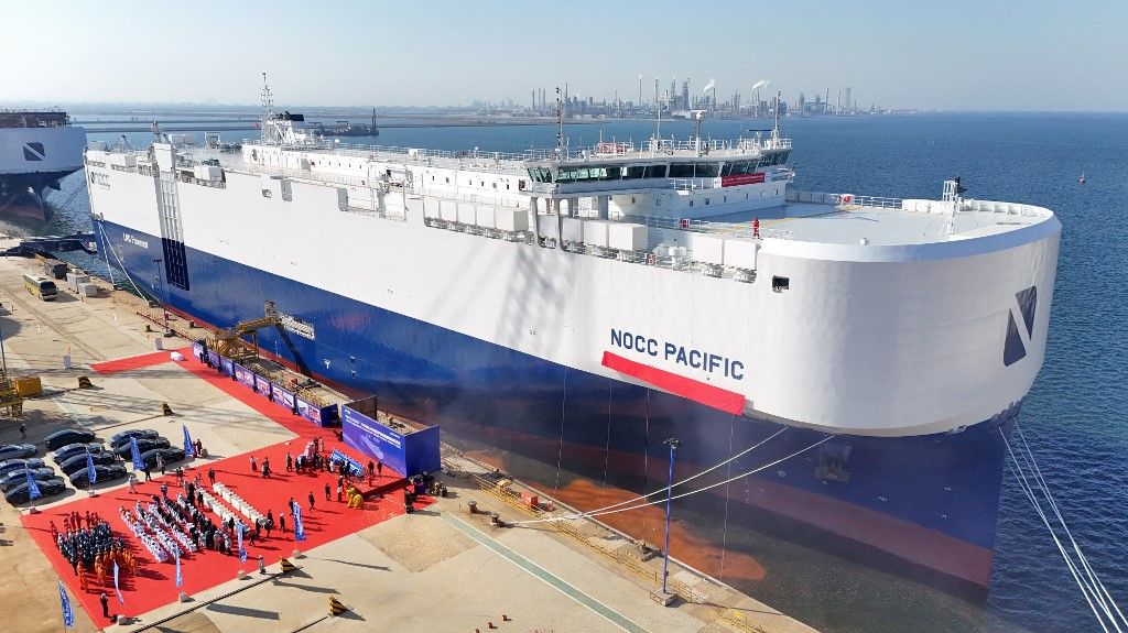 The LNG dual fuel vehicle transport ship ''NOCC PACIFIC'' is completed at CIMC Raffles Shandong Longkou Construction Base in Yantai, Shandong Province, China, on November 14, 2025. (Photo by Costfoto/NurPhoto) (Photo by CFOTO / NurPhoto via AFP)