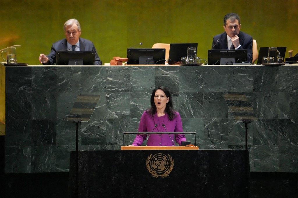 Annalena Baerbock (C), president of the 80th General Assembly, speaks during the General Debate of the United Nations General Assembly at the UN headquarters in New York City on September 23, 2025. (Photo by TIMOTHY A. CLARY / AFP)