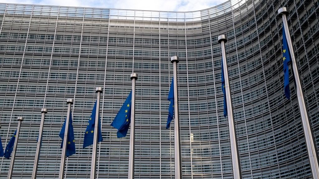 Buildung with flag during the meeting of the College of the European Commissioners in the Berlaymont the headquarters of the European Commission an institution of the European Union in Brussels in Belgium on 29th 2025. (Photo by Martin Bertrand / Hans Lucas via AFP)