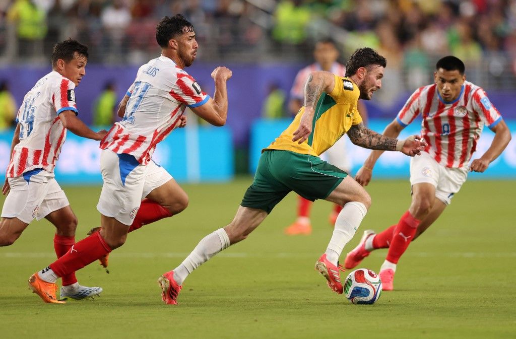 SANTA CLARA, CALIFORNIA - JUNE 25: Australia player Aiden O' Neill in action during the FIFA World Cup 2026 Group D match between Paraguay and Australia at San Francisco Bay Area Stadium on June 25, 2026 in Santa Clara, California.   Stu Forster/Getty Images/AFP (Photo by Stu Forster / GETTY IMAGES NORTH AMERICA / Getty Images via AFP)