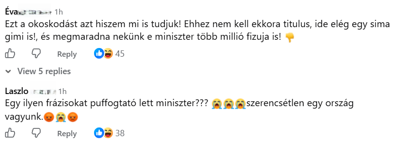 Nekiestek a kommentelők Gajdos László tiszás miniszternek (Fotó: Facebook)