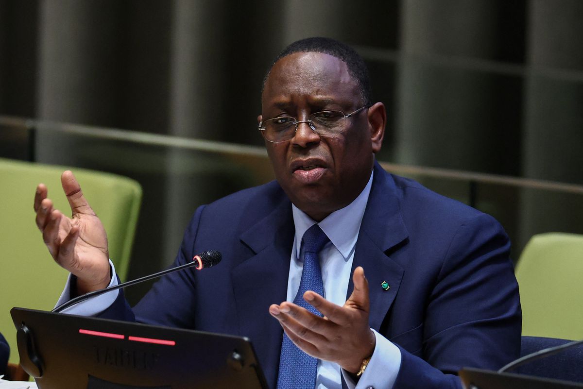 Former Senegalese president Macky Sall speaks during a hearing to be considered as the next Secretary-General of the United Nations at UN headquarters in New York on April 22, 2026. Sall is among four candidates vying for the position currently held by Portugal's Antonio Guterres. (Photo by CHARLY TRIBALLEAU / AFP)