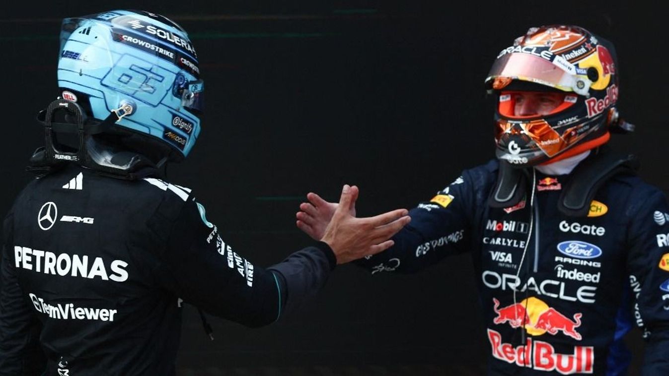 George Russell of Mercedes and Max Verstappen of Red Bull Racing after the Formula 1 Austrian Grand Prix at Red Bull Ring in Spielberg, Austria on June 28, 2026. (Photo by Jakub Porzycki/NurPhoto) (Photo by NurPhoto via AFP/Jakub Porzycki / NurPhoto via A