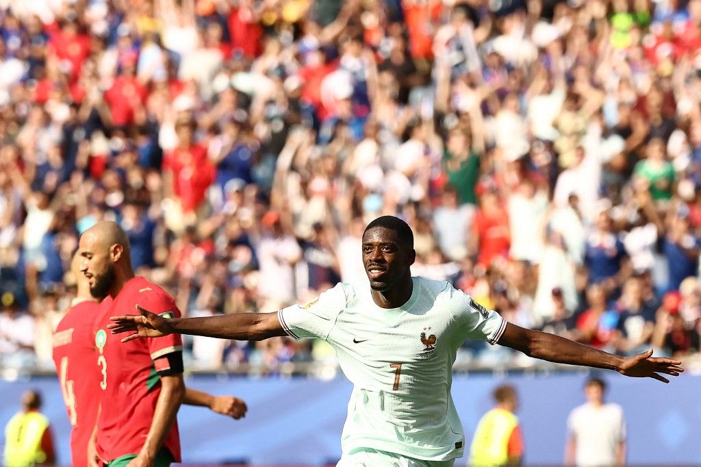 France's forward #07 Ousmane Dembele celebrates scoring his team's second goal during the 2026 World Cup football tournament quarter-final match between France and Morocco at Boston Stadium in Foxborough on July 9, 2026. (Photo by CHARLY TRIBALLEAU / AFP)