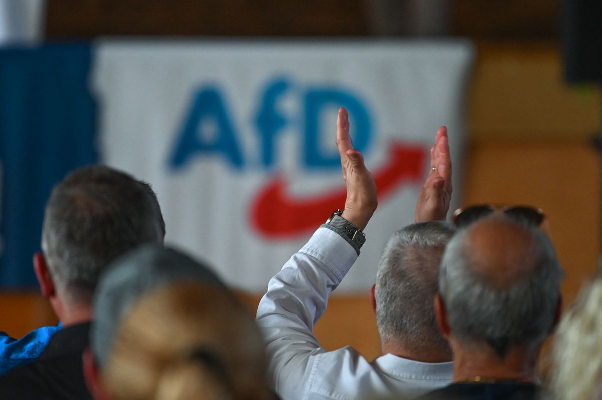 24 July 2026, Saxony-Anhalt, Wernigerode: Participants are seated in the hall at the AfDs citizens forum in Harsleben near Wernigerode. Siegmund, the AfDs top candidate for the elections in Saxony-Anhalt, spoke at the event. Photo: Heiko Rebsch/dpa (Photo by Heiko Rebsch / dpa Picture-Alliance via AFP)