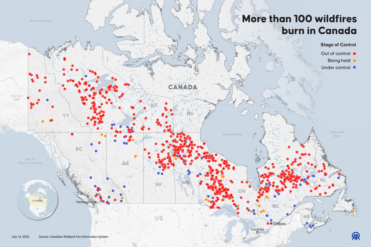 ANKARA, TURKIYE - JULY 16: An infographic titled "More than 100 wildfires burn in Canada" created in Ankara, Turkiye on July 16, 2026. Mehmet Yaren Bozgun / Anadolu (Photo by Mehmet Yaren Bozgun / Anadolu via AFP)