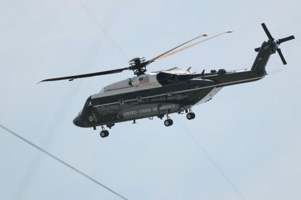 Marine One, carrying US President Donald Trump, is seen arriving for the 2026 World Cup football tournament final match between Spain and Argentina at the New York/New Jersey Stadium in East Rutherford on July 19, 2026. (Photo by CHARLY TRIBALLEAU / AFP)