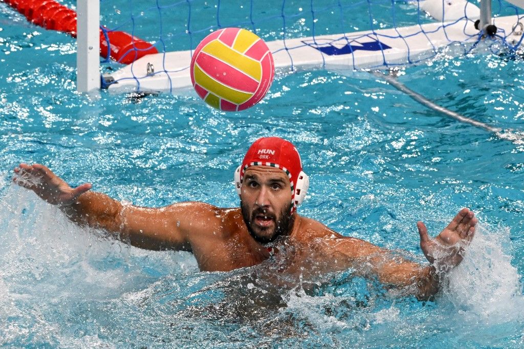 Hungarys goalkeeper Kristof Csoma tries to block a shot during his men's water polo final-match against Greece at the 2026 World Aquatics Water Polo World Cup Finals at the Sydney Aquatic Centre in Sydney on July 26, 2026. (Photo by SAEED KHAN / AFP) / --IMAGE RESTRICTED TO EDITORIAL USE - STRICTLY NO COMMERCIAL USE--