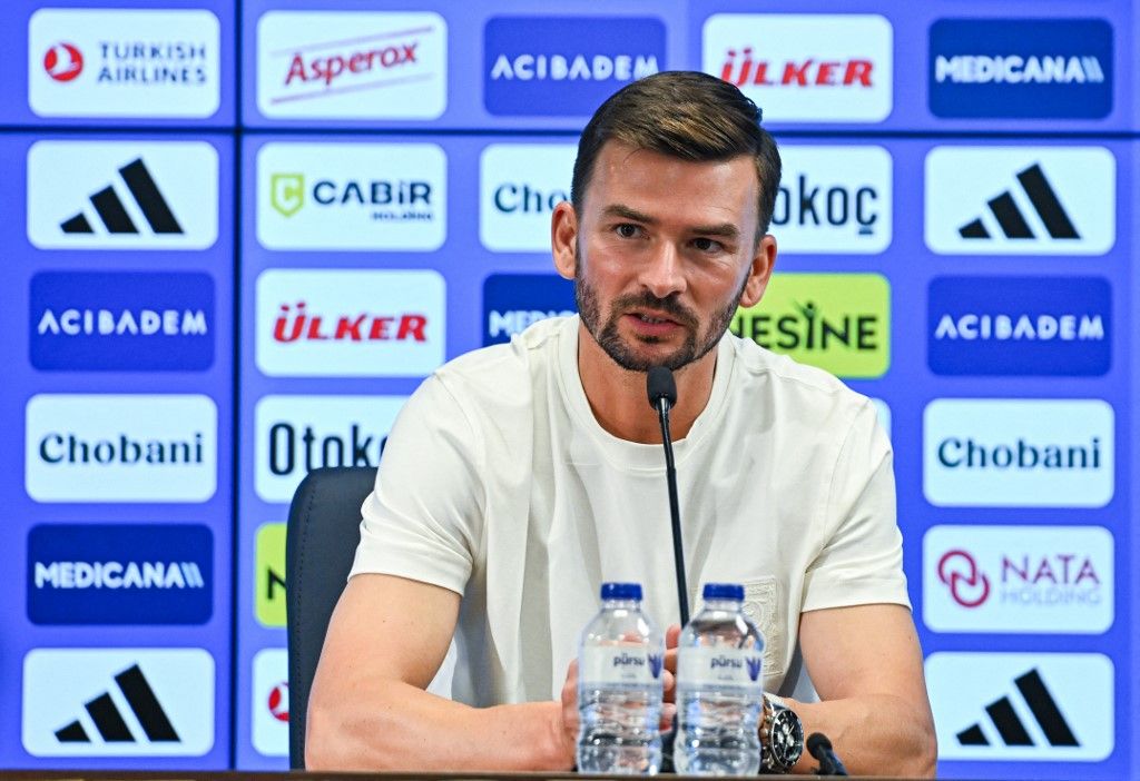 ISTANBUL, TURKIYE - JULY 21: Michal Gasparik, head coach of Gornik Zabrze, speaks during a post-match press conference following the UEFA Champions League second qualifying round first-leg match between Fenerbahce and Gornik Zabrze at Chobani Stadium in Istanbul, Turkiye, on July 21, 2026. Celal Gunes / Anadolu (Photo by Celal Gunes / Anadolu via AFP)